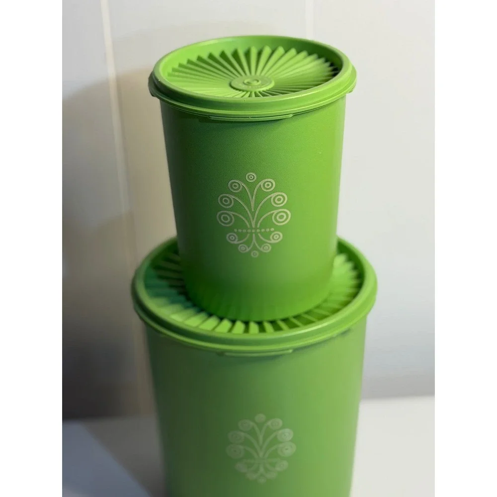 VTG TUPPERWARE Canisters Lime Green Nesting Set of 2 Lids Kitchen Storage Decor